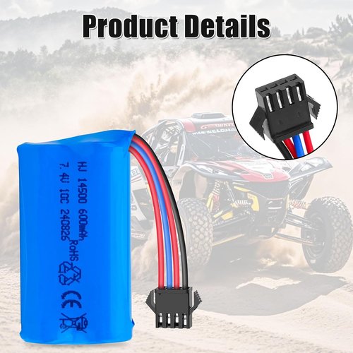 Crazepony 600mAh 7.4V Li-ion Rechargeable Battery - SM-4P Plug & Charger Cable | 2 Pack for RC Boats & Cars