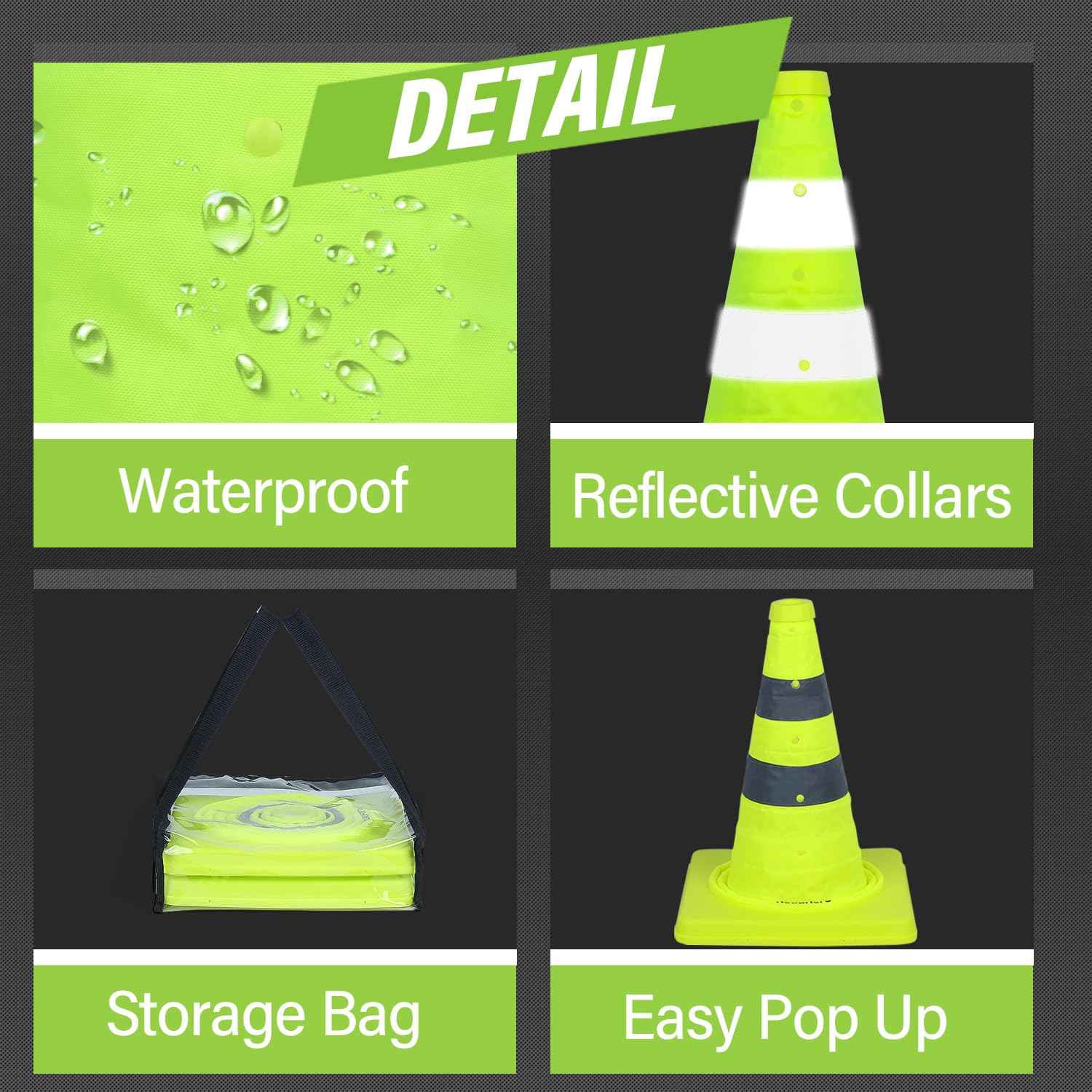 RoadHero 18 Inch 2 Pack Collapsible Traffic Safety Cones, Lime Green Pop-up Cones with Reflective Collar for Road Safety, Driving Training, Parking Lots