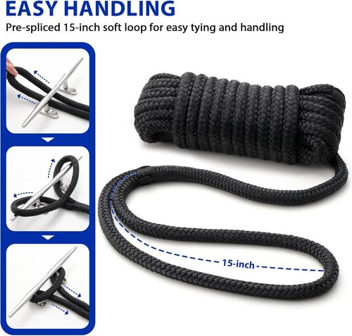Boat Dock Lines Marine Rope - 3/4" x 25ft Double Braided Nylon with Pre-Spliced Loop | 2 Pack for Secure Mooring