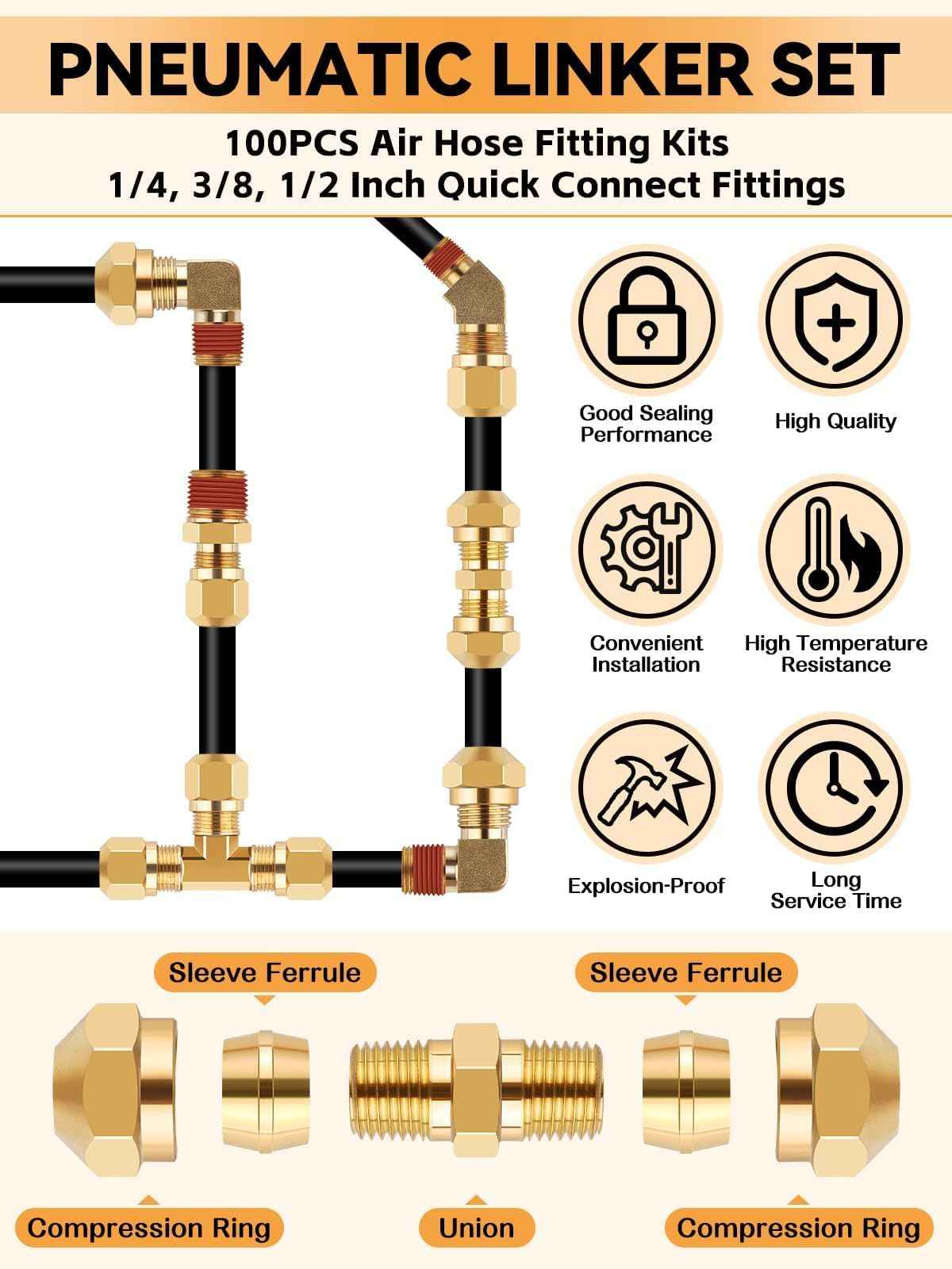 100PCS Brass DOT Air Line Fittings, Kalolary NPT Brass Hose Fitting for 1/4" 1/8" 3/8" 1/2" Push To Connect Fittings with NPT Threads Brake Line Fitting Repair Kit for Industrial Air System