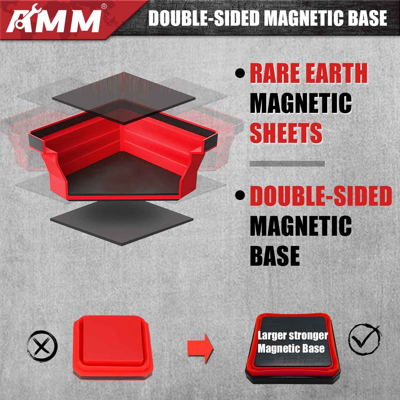 AMM Magnetic Tray, 4 PC Foldable Magnetic Tool Tray Set for Bolts Screws Nuts & Small Metal Parts, Mechanic Tool Present for Men, 4.5 Inch Square (4PC, Red)