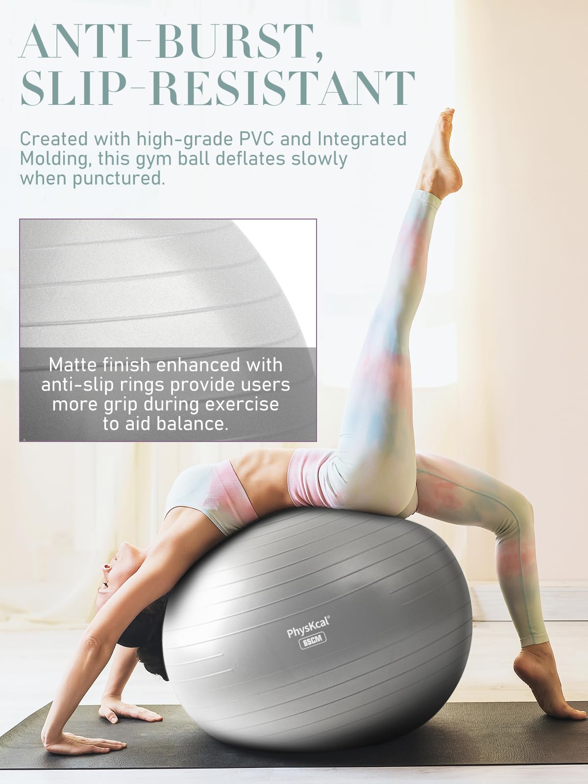 PhysKcal Large Yoga Ball to Relieve Back Pain, Exercise Ball, Swiss Ball for Pilates, Gym, Office Chair, Stability, Physical Therapy (Glacier Gray, L (26-29''/68-75cm))