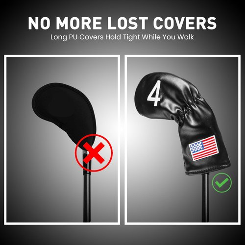 Golf Iron Covers Set US Flag Leather for Irons Value 11 Pack, Long Neck Protector Number Headcover, Universal Head Cover Fit Main Iron Clubs for Men Women Golfer (Black-USA Flag)
