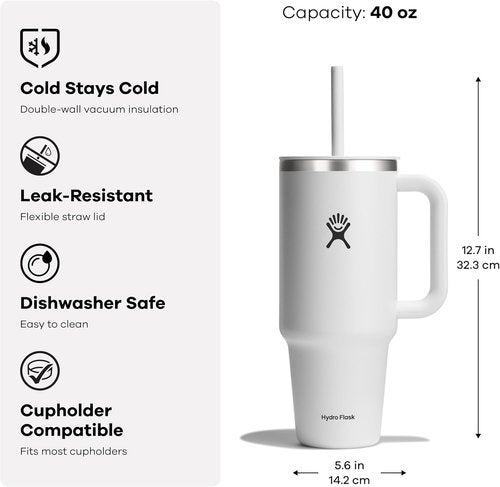 Hydro Flask Travel Tumbler - Insulated Stainless Steel with Handle, Lid & Straw | 40 Oz Sunglow