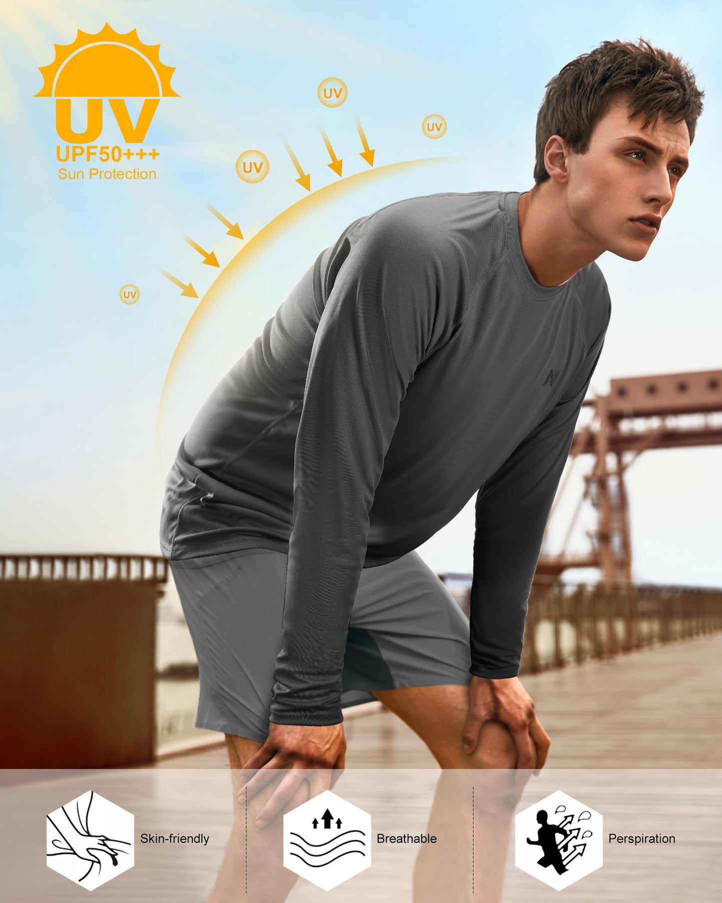 isnowood Sun Protection Shirts for Men, UPF 50+ Long Sleeve, UV Quick Dry Rash Guard Swim Shirt for Fishing Hiking Running Dark Grey