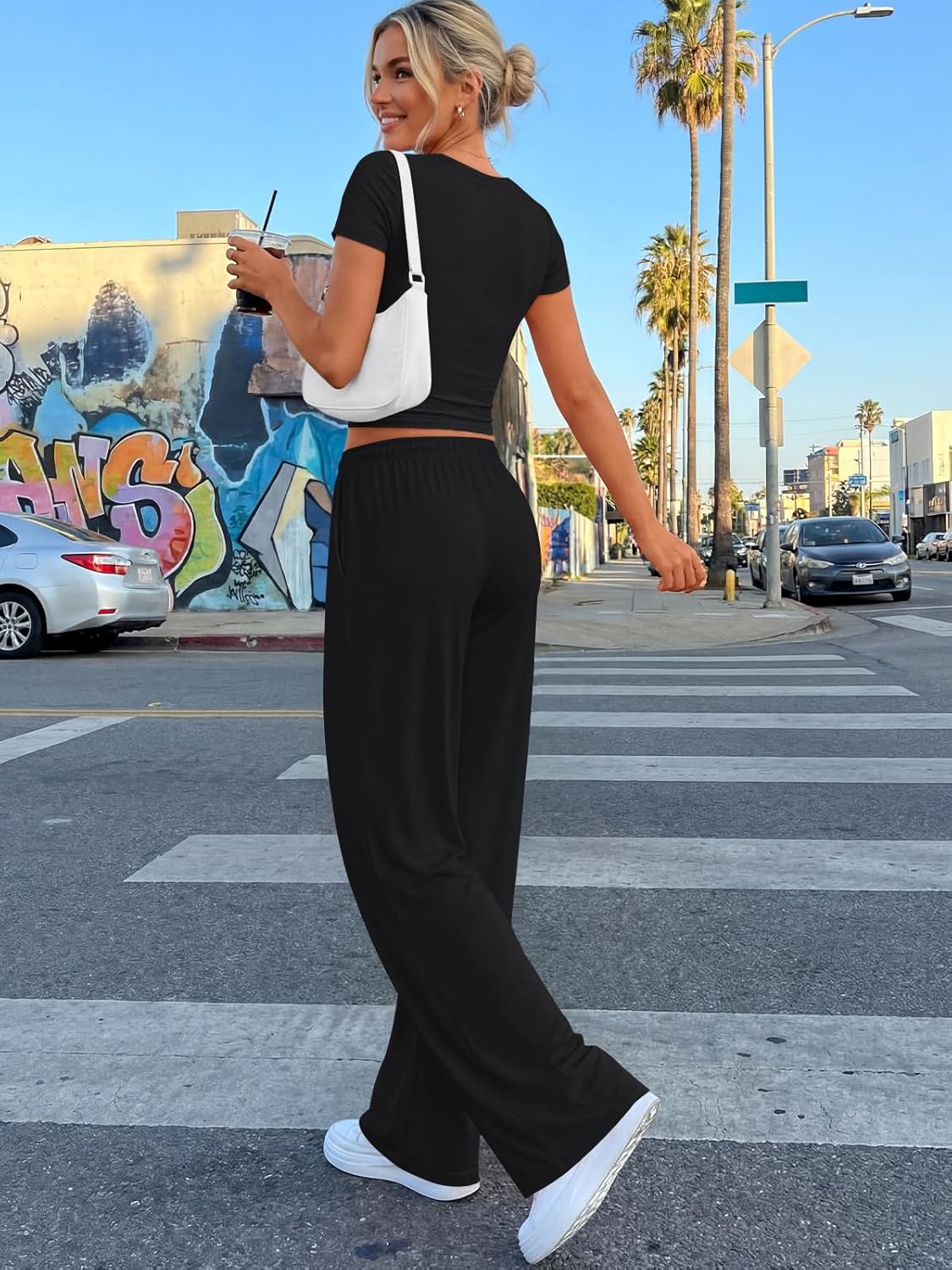 Trendy Queen 2 Piece Summer Sweatsuit Set - Women's Ruching Top & Wide Leg Pants with Pockets
