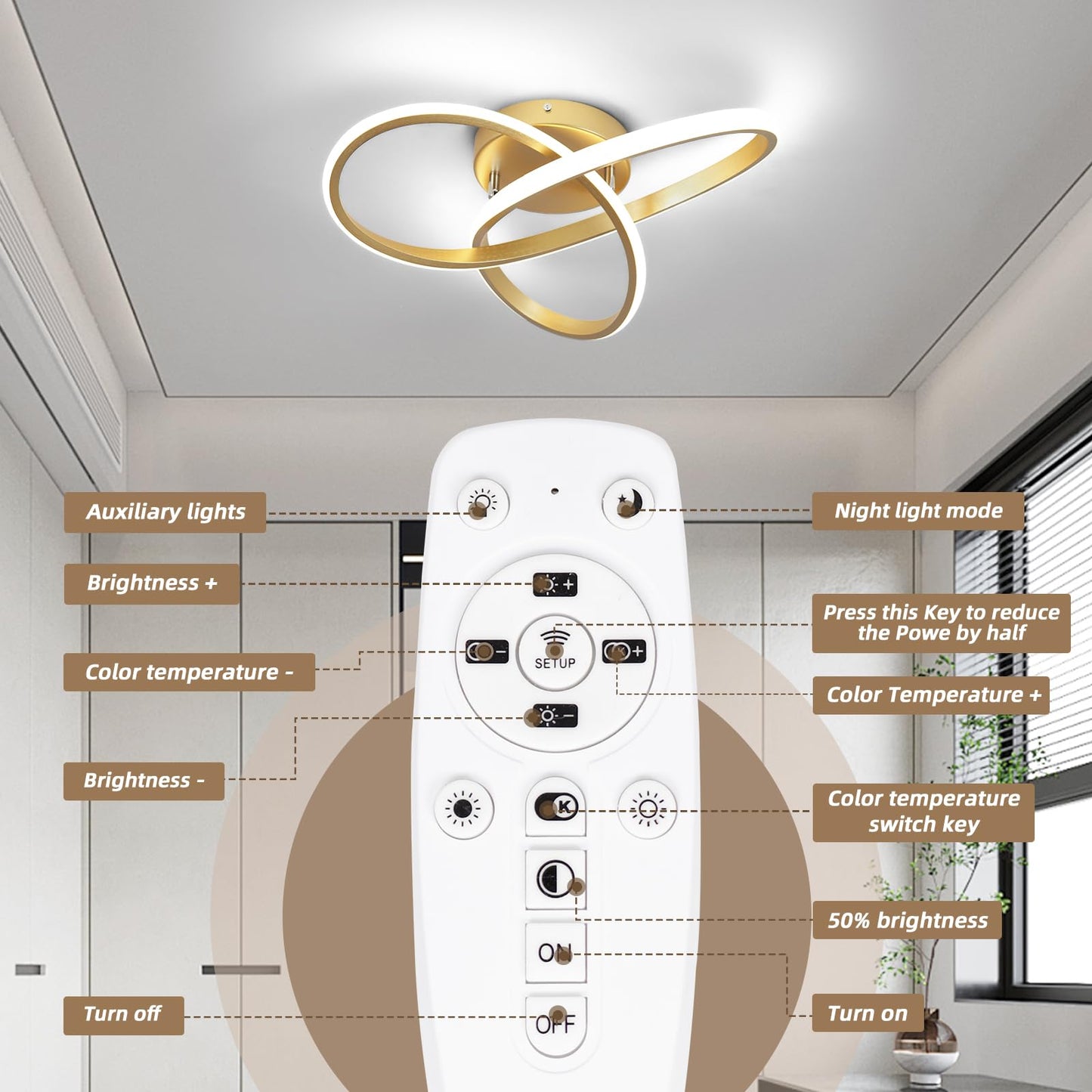 CANEOE Modern Led Ceiling Light,Dimmable Close to Ceiling Light with Remote Control Gold Flush Mount Ceiling Lamp for Bedroom Living Room Kitchen Laundry Room Lamp Lighting Fixtures