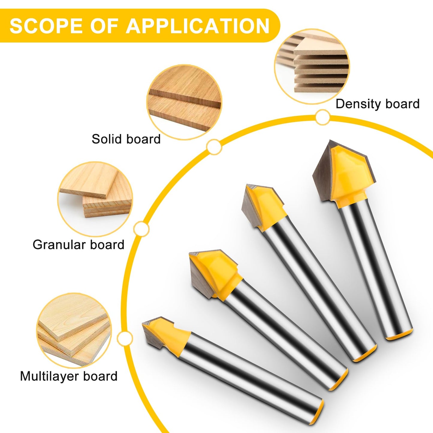 UTRUSTTO 90 Degree V Groove Router Bit Set 1/4 Inch Shank, CNC Engraving V Grooving Bit Cutter for Woodworking Carving, Cutting Diameter: 1/4", 5/16", 3/8", 1/2"