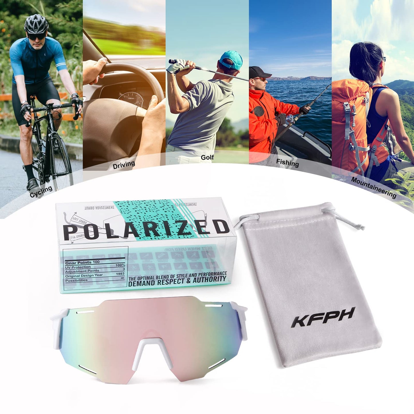 KFPH Polarized Sports Sunglasses for Women Bike Glasses Cycling Driving Fishing Mountain Bike Sunglasses UV400 Protection, White/Pink Lenses