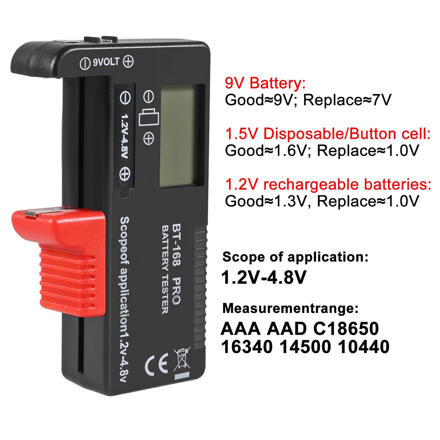 UMLIFE 4PACK Battery Tester, Universal Battery Checker Small Battery Testers for AAA AA C D 9V 1.5V Button Cell Household Batteries （Model：BT-168 PRO）
