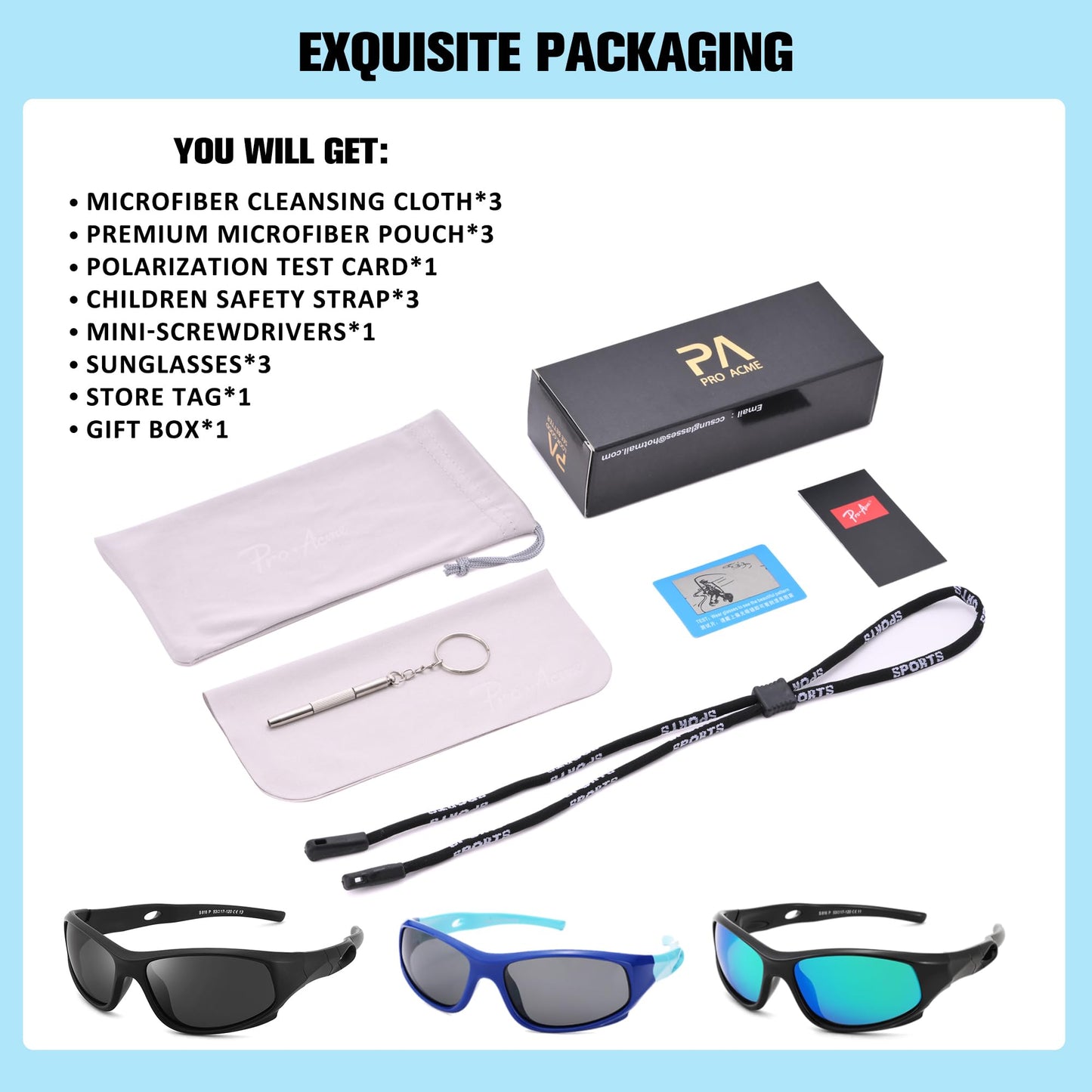 Pro Acme TR90 Unbreakable Polarized Sports Sunglasses for toddle kids Boys and Girls Children Youth Sunglasses With Strap for Age 3-12 (Blue/Sky Blue + Black/Green Mirrored+Matte Black)
