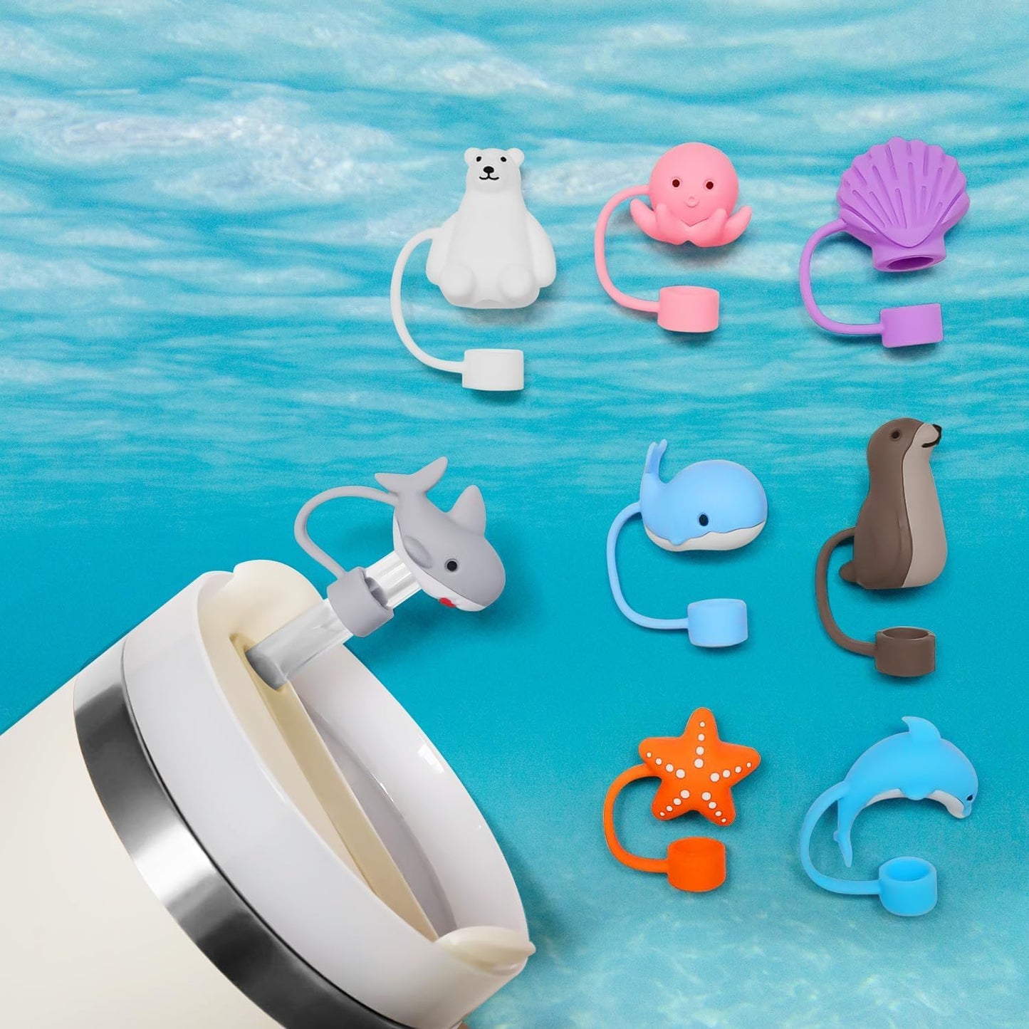 Gray Shark Animal Straw Toppers Fit 10mm/0.4inch Straws Reusable Silicone Straw Cover Cap for Stanley Cup, Dust Proof Straw Covers Compatible with Stanley 30&40 OZ Tumbler Straw Topper(ZS008)