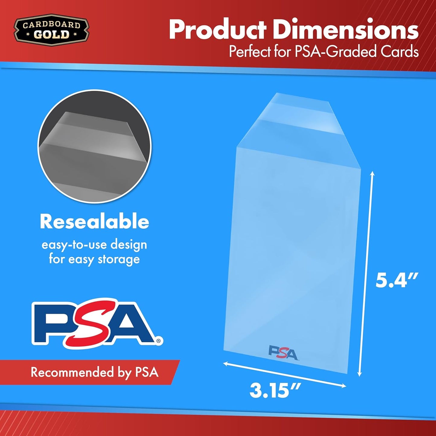 PSA Cardboard Gold Graded Card Sleeves - 50 Count Resealable Slabs for Baseball, Football & Gaming Cards