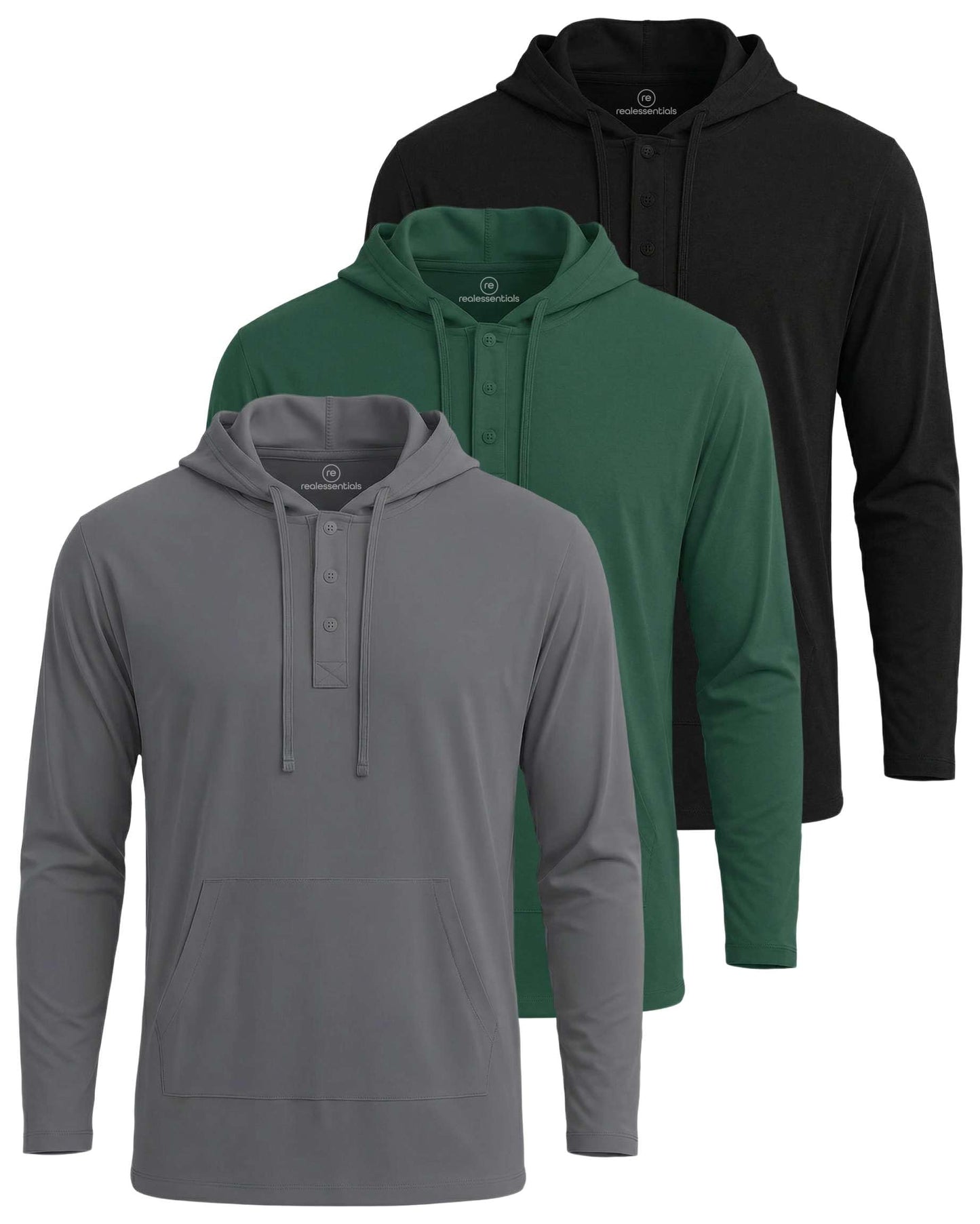 Real Essentials 3 Pack: Men's Cotton Henley Pullover Hoodie Lightweight Casual Long Sleeve Hooded Sweatshirt- Set 6, M