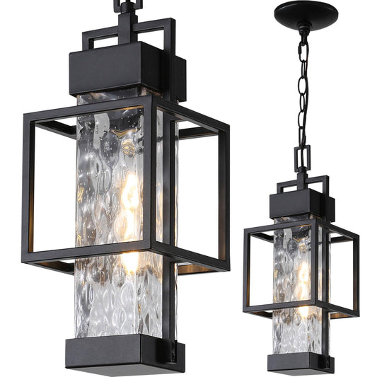 Zinola Outdoor Pendant Light for Porch, Waterproof Hanging Ceiling Lantern with Water Glass, Black Exterior Light Fixture for Front Door Gazebo Entryway, E26 Base, LED Bulb Included