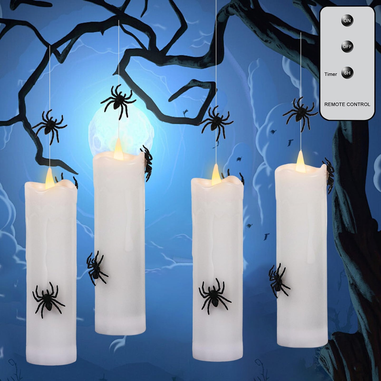 KunSwenn Halloween Floating Candles Flameless with 3D Spider, Set of 4 Hanging Candles Floating with Fishing Line, Floating Candle with Remote, Halloween Candle with 3 Black Spider for Home Decor