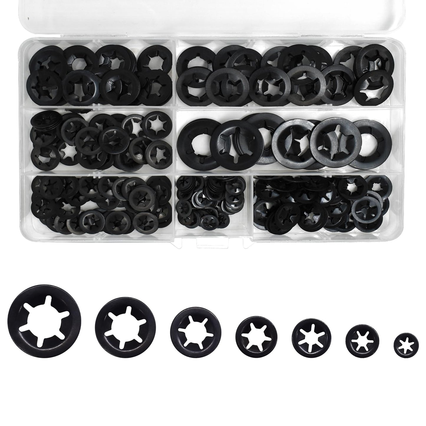 Renashed 340Pcs Internal Tooth Star Lock Washers, M3-M12 Quick Speed Locking Washers Assortment Kit 65Mn Steel Black Oxide Finish Push on Locking Washer, 7 Size