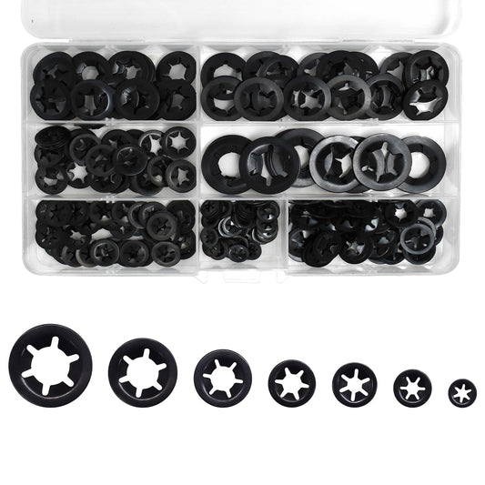 Renashed 340Pcs Internal Tooth Star Lock Washers, M3-M12 Quick Speed Locking Washers Assortment Kit 65Mn Steel Black Oxide Finish Push on Locking Washer, 7 Size