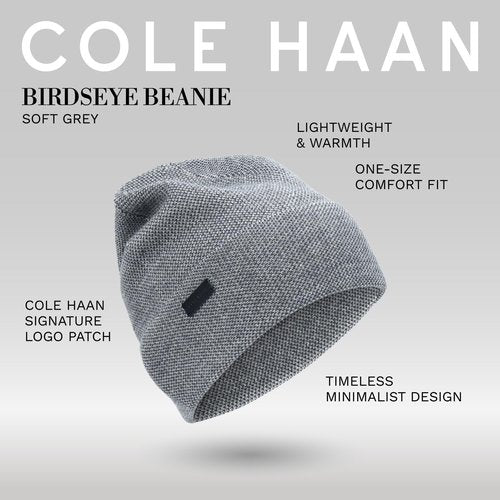 Cole Haan Men's Birdseye Knit Beanie Hat - Soft Warm Winter Cap with Ribbed Edge and Classic Fit for Cold Weather Style Outdoor Wear Travel and Daily Use, Soft Grey, One Size