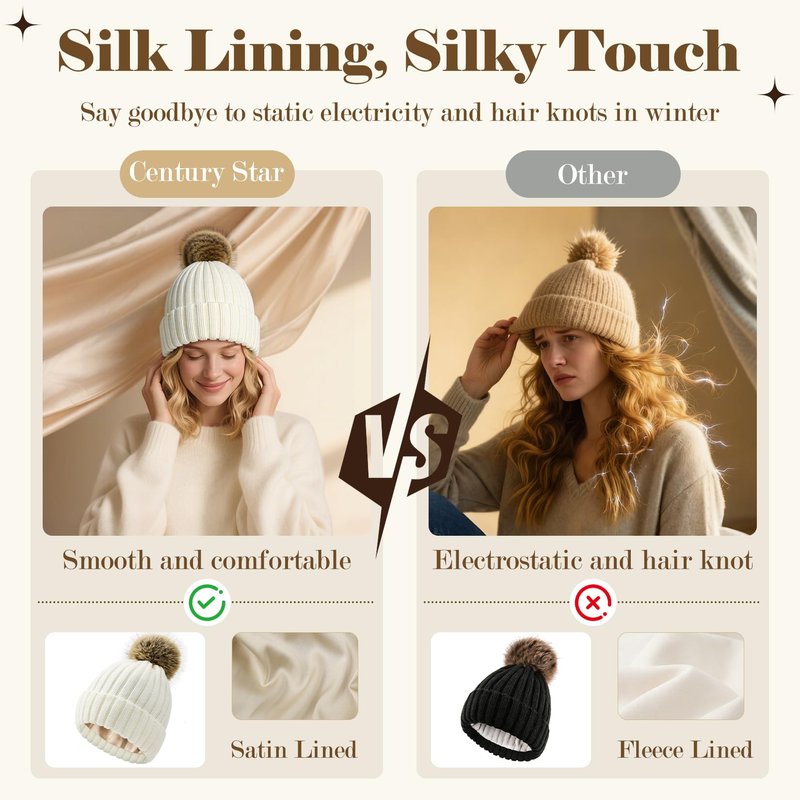 Century Star Womens Satin Lined Winter Beanie with Detachable Faux Fur Pom Pom, Warm Knit Cuffed Hat for Cold Weather Black One Size