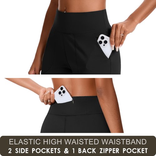 EZPERY Bermuda Shorts for Women with Zipper Pocket Womens High Waisted Long Shorts for Running Workout Athletic Black Dark