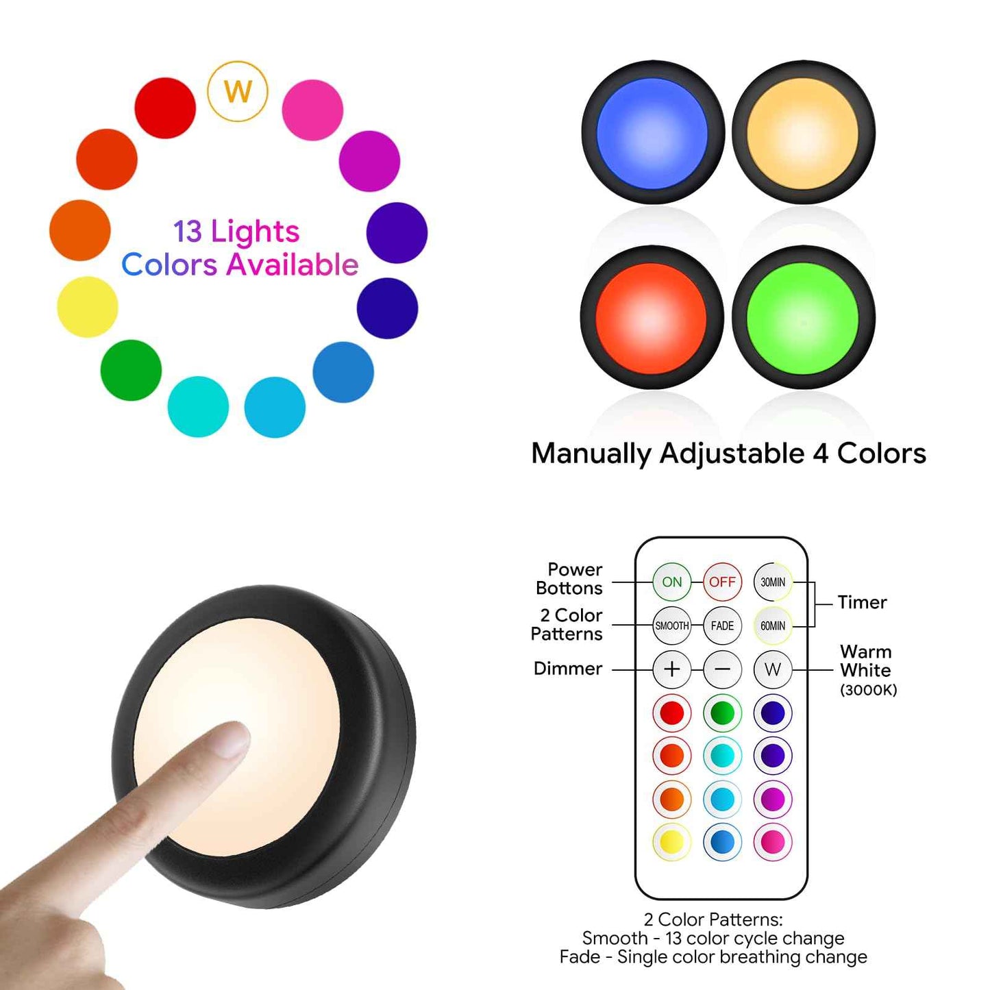 Yiliaw LED Puck Lights with Remote Control, AA Battery Operated, 12 Color Closet Under Cabinet Lighting, Push Tap Light, Under Counter for Kitchen, 6 Pack, Black-Magnetic