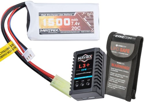 Evike Airsoft - Matrix High Performance 7.4V Airsoft LiPo Battery Starter Pack w/BMS Smart Charger (Model: PEQ Type / 1500mAh / 20C / Small Tam.)
