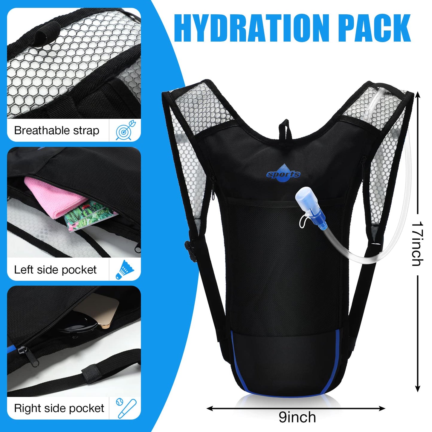 2 Pack Hydration Backpack Pack with 2l Water Bladder, Hydration Water Backpack with Hydration Bladder Hiking Running Cycling Biking Water Backpack for Men and Women (Blue, White)