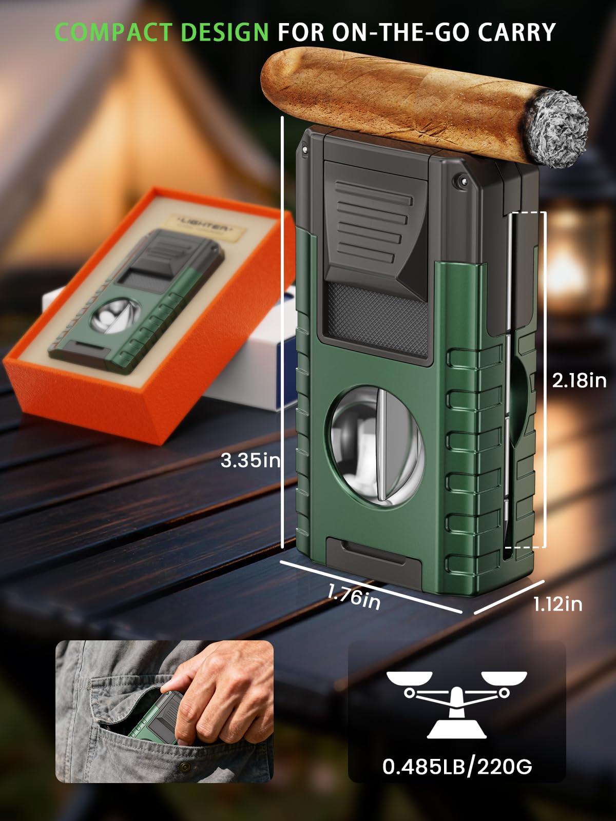 6-in-1 Torch Cigar Lighter with Triple Jet Flame, Dual Cigar Cutter, Punch, Draw Enhancer, Holder, Refillable Butane Lighter with Gift Box, Cool Lighters Cigar Accessories for Smoking, Travel, Candles