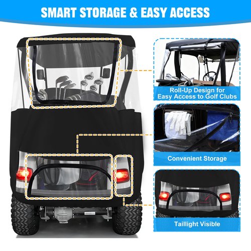 iLSKW Golf Cart Driving Enclosure 2 Passenger Only for EZGO TXT & RXV Cart with Roll Up Door Zipper Design, 4-Side Clear Windows 600D Heavy Duty Rain Cover, Black