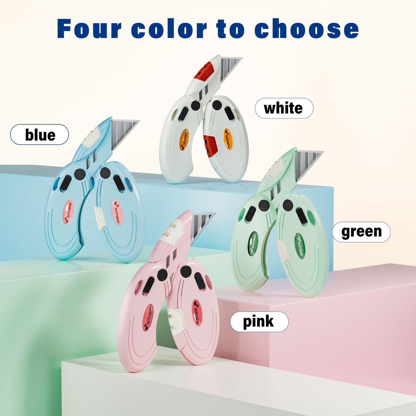 Scimaker 4-Pack Folding Box Cutters Lightweight Utility Knives Set Perfect for Office and Home Use, Back-lock Mechanism with Extra 10-Piece Blades