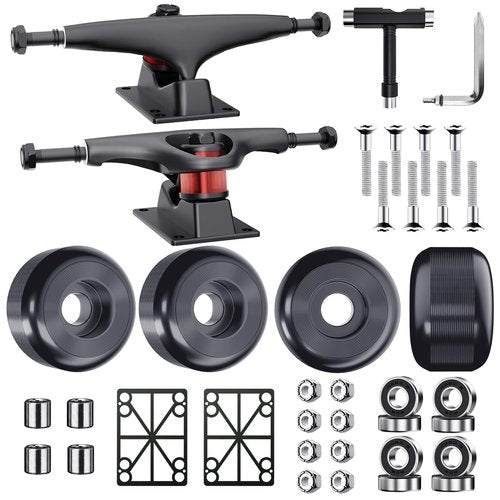 Jizmo Skateboard Trucks, Fits 7.75-8" Deck, Wheels 52mm, Bearings ABEC-9, Skateboard Pads, Hardware Tool Combo Starter Set - Black