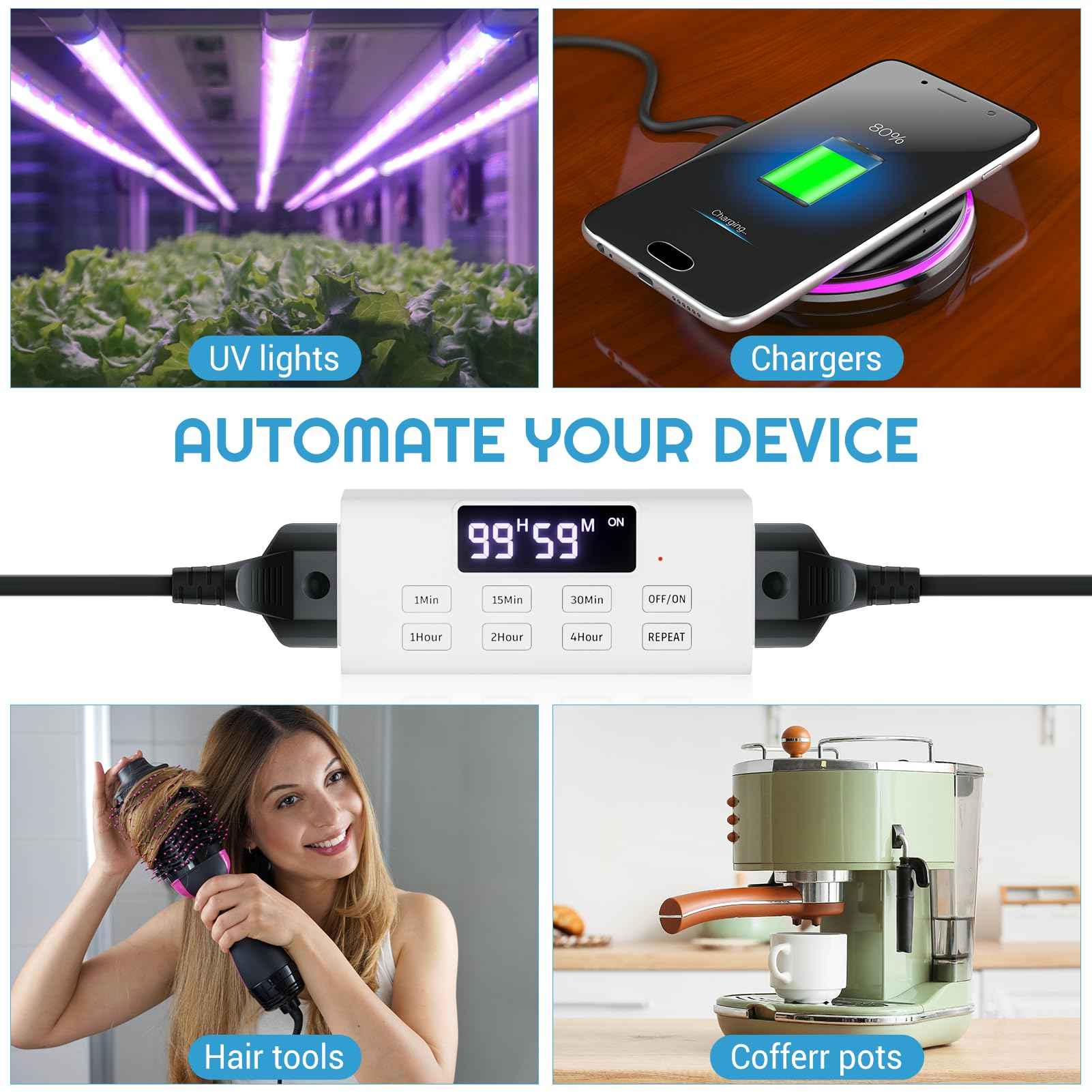 COKWEL Countdown Timer Outlet, Up to 99 Hours, Large Screen and Repeat Function, Inodoor Auto Shut Off Timers for Charger Light Vacation Security,Digital Timers for Electrical Outlets 2 Pack