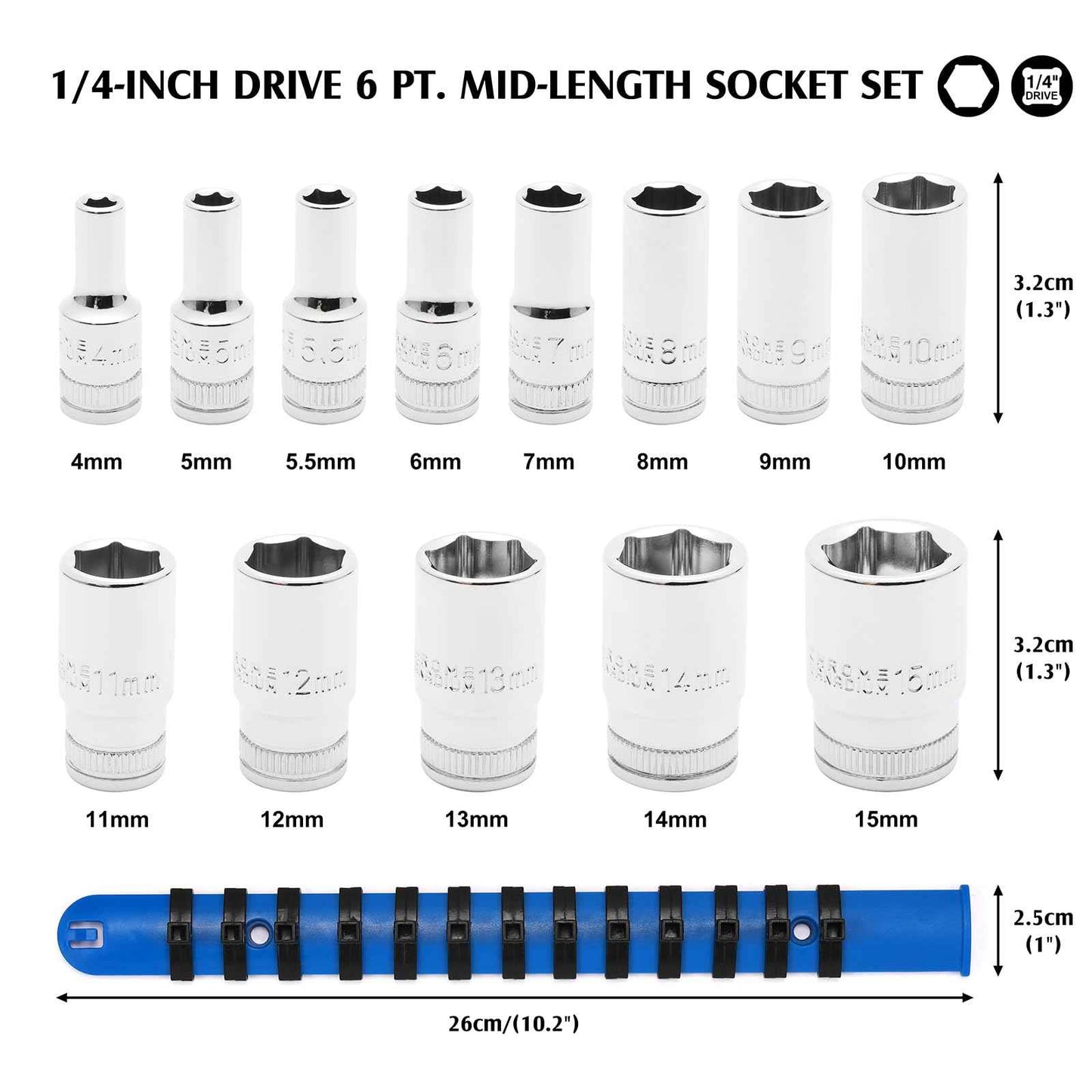 MIXPOWER 1/4" Drive Mid-Length Socket Set with Storage Rails, 13-Piece, 6 Point, 4-15mm, CR-V, Metric, Semi-Deep Socket Set