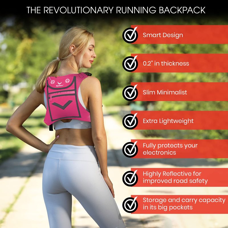 Pink Running Mini Backpack Vest for Men & Women – Reflective with 360° Hi-Viz, Holds Accessories, iPhone, Android, iPad Mini – Lightweight, Adjustable Gear for Fitness, Walking, Cycling, Hiking