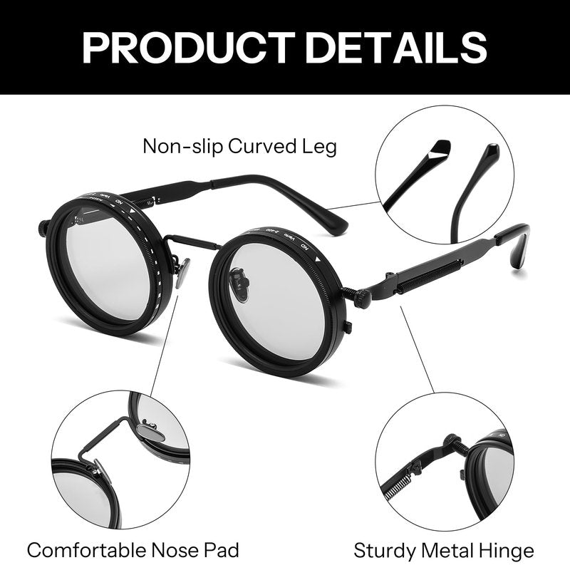 FEISEDY Adjustable Tint Sunglasses Polarized Men, 1-9 Gear Manual Dimming, Steampunk Round Metal Frame UV400 ND Filter B1400