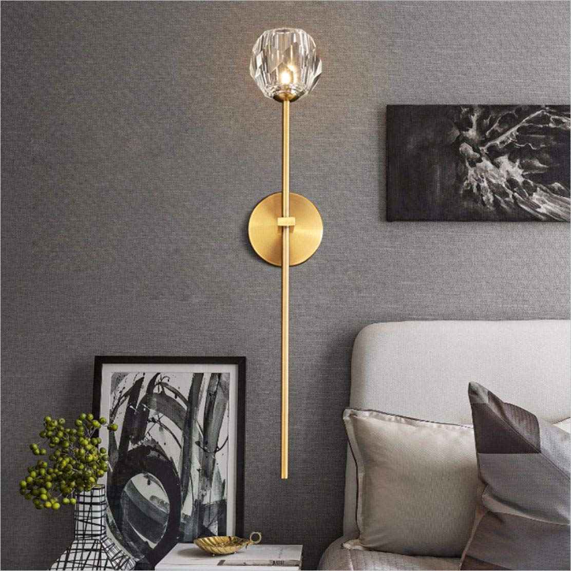 BOKT 1-Light Antique Brass Wall Sconce Lighting Fixture Modern Clear Crystal Ball Wall Sconce Lamp Brushed Gold Long Metal Wall Light Hardwired Bathroom Vanity Light Fixture