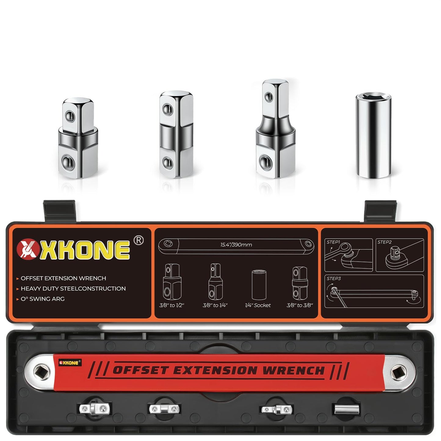 XKONE Offset Extension Wrench Set,15.4" Wrench with 1/4",3/8",1/2" Square Drive Adapters and 1/4" Socket forTight Spaces.