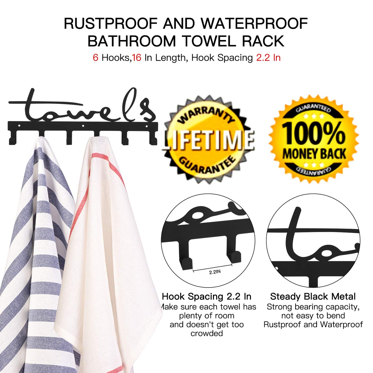 Goutoports Bathroom Towel Rack Wall Mount Towel Holder Kitchen Metal Holder Rack 6 Hooks Hot Tub Accessories Rustproof and Waterproof (Black)