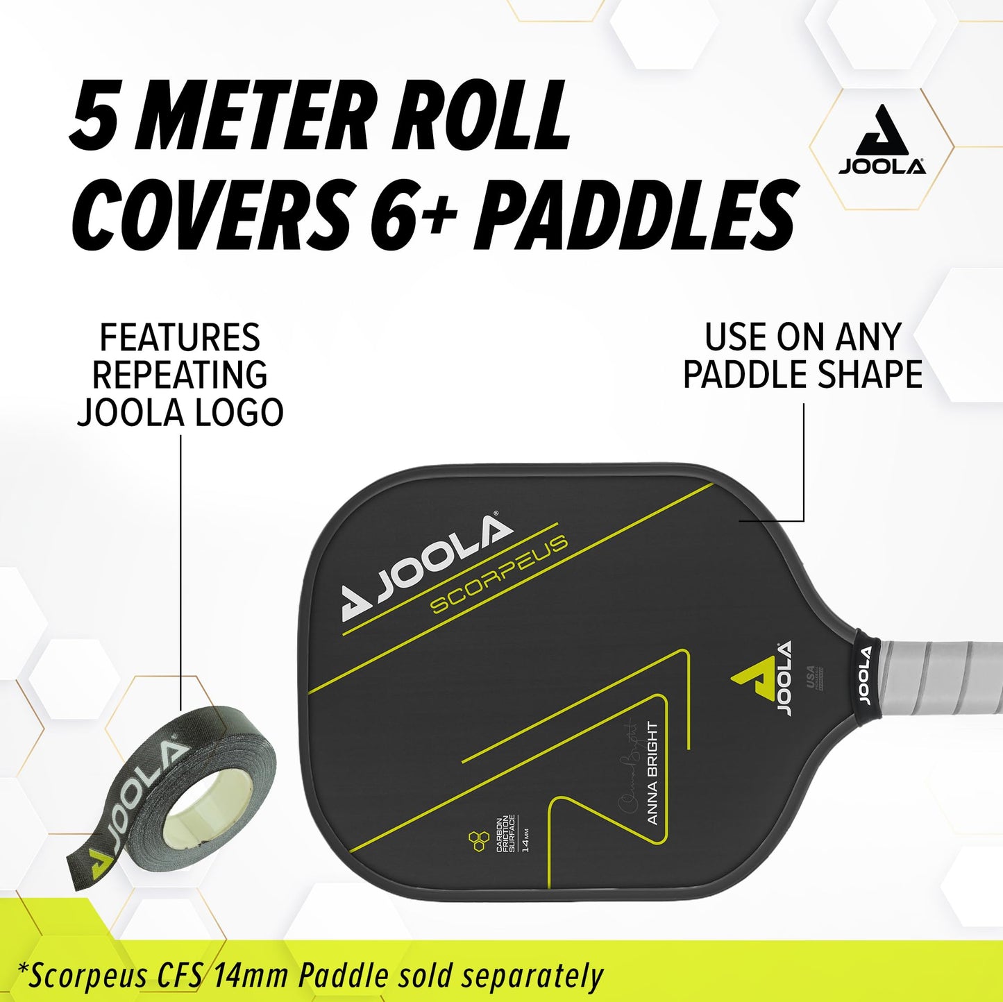 JOOLA Pickleball Paddle Edge Tape - Protects Edge Guard & Covers Lead Tape for Paddles - Fits Any Brand & Most Sizes of Pickleball Rackets - 5 Meter Extra Long Roll for 6 Racquettes