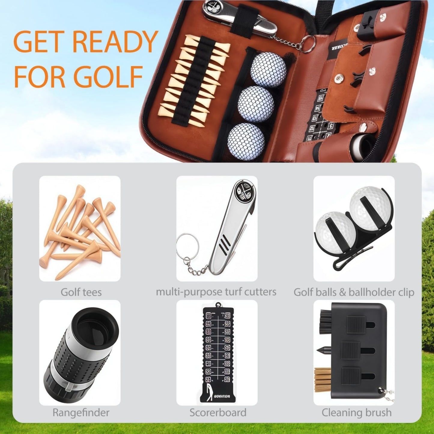 Golf Gift for Men Women, Premium Golf Accessories Kit with Rangefinder, Golf Balls, Tees, Brush, Ball Clamp, Multifunction Repair Knife & Leather Case, Golf Gift Set for Beginners and Pros