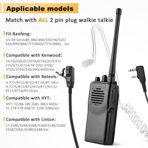Weewooday 10 Pack Walkie Talkies Earpiece with PPT Mic 2 Pin Acoustic Tube Headset Earpiece Compatible with Baofeng UV-5R Retevis H-777 RT1 RT21 RT22 Arcshell AR-5 2 Ways