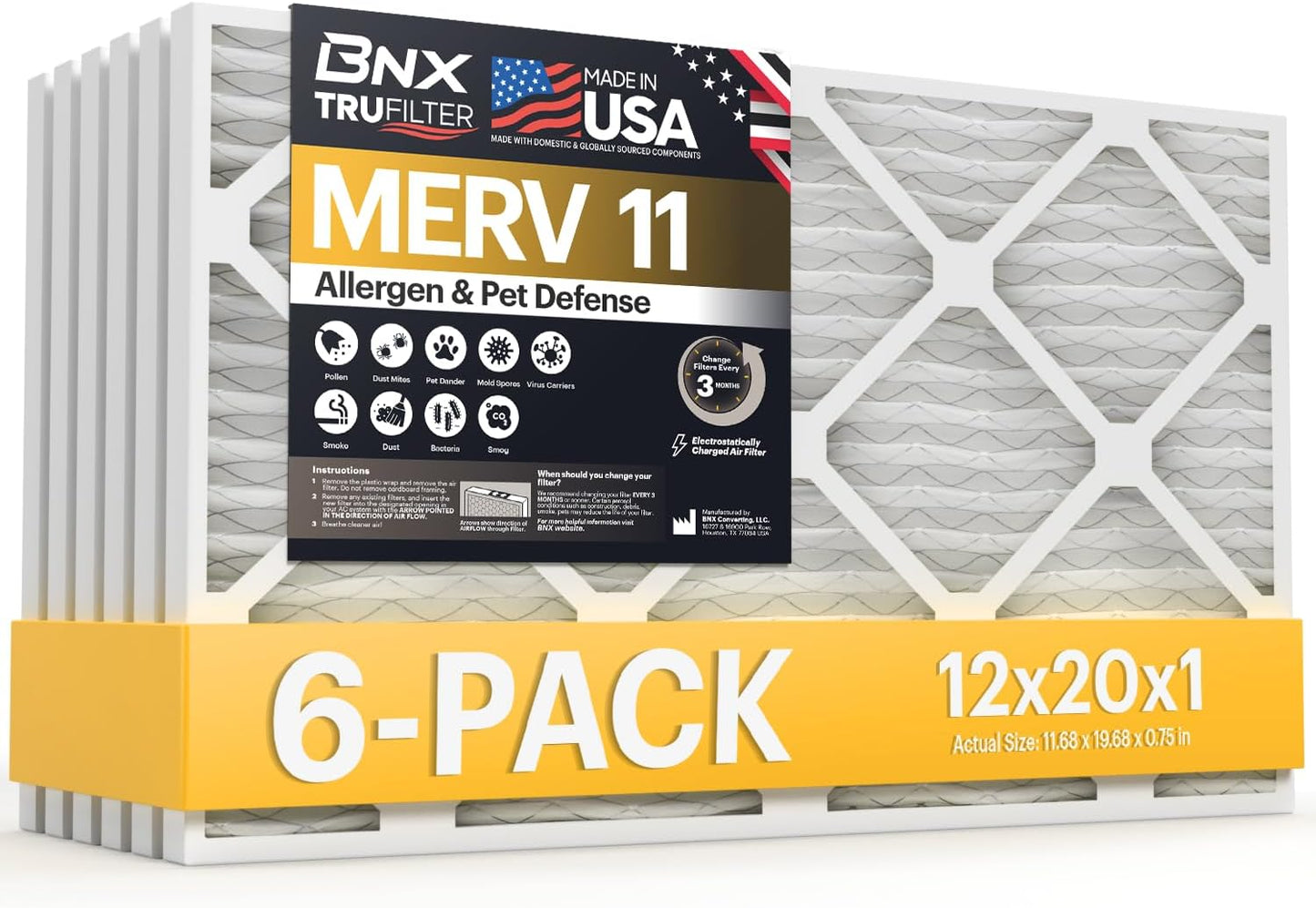 BNX TruFilter 12x12x1 MERV 8 Air Filters (6-Pack) - USA-Made Dust & Pet Defense for HVAC
