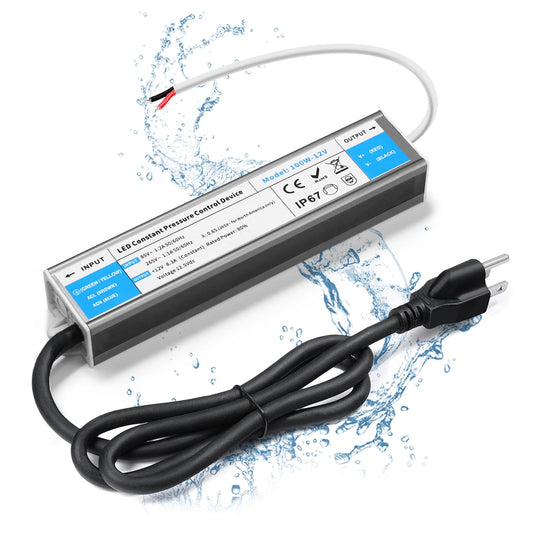 VOEWT LED Driver 100 Watts Waterproof IP67 Power Supply 85V-265V AC to 12V DC Converter,Quiet and Small LED Transformer Low Voltage Output with 3-Prong Plug 3 Feet Cable for LED Light Strip, Outdoor