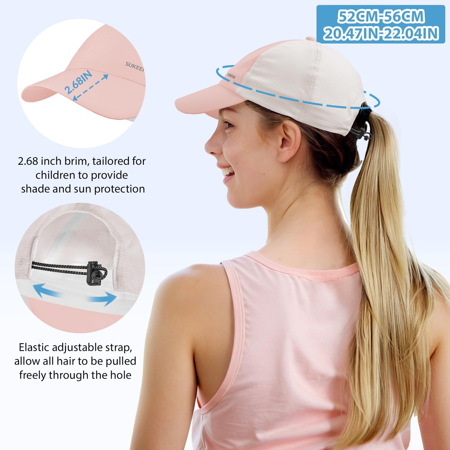Sukeen Lightweight Kids Baseball Caps for Boy Girls, UPF50+ Kids Sun Hat Quick-Dry Youth Performance Hat for Outdoor Activity Pink