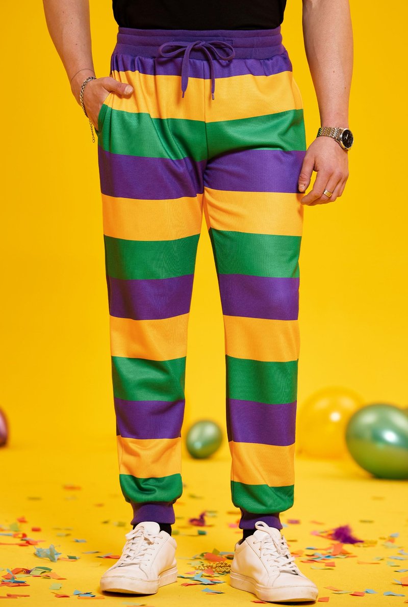 Arvilhill Men Mardi Gras Pants Funny Parade Purple Gold Green Party Sweatpants Fat Tuesday Casual Drawstring Joggers Striped XL