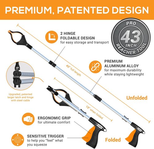 EZPIK Pro 43" Foldable Grabber Reacher Tool - Heavy-Duty Pickup Tool for Seniors | Claw Grabber Stick for Easy Reaching