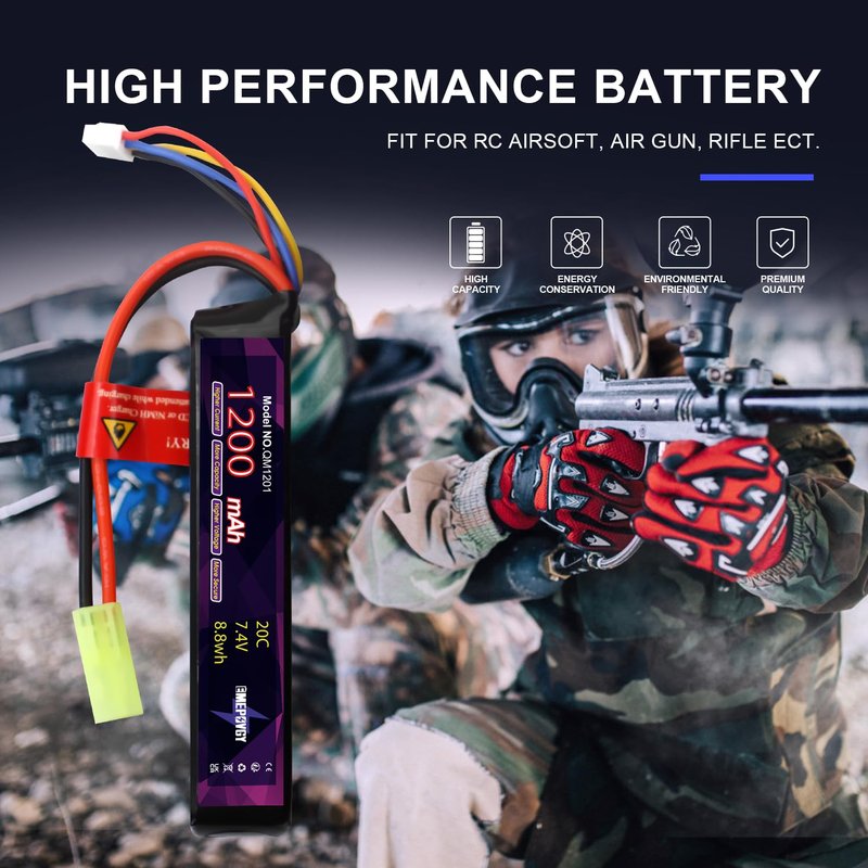 EMEPOVGY 2S Lipo Airsoft Battery 7.4V 1200mAh 20C Rechargeable Lithium Polymer Battery Pack with Mini TMY Plug for Airsoft Guns Rifle- 2096