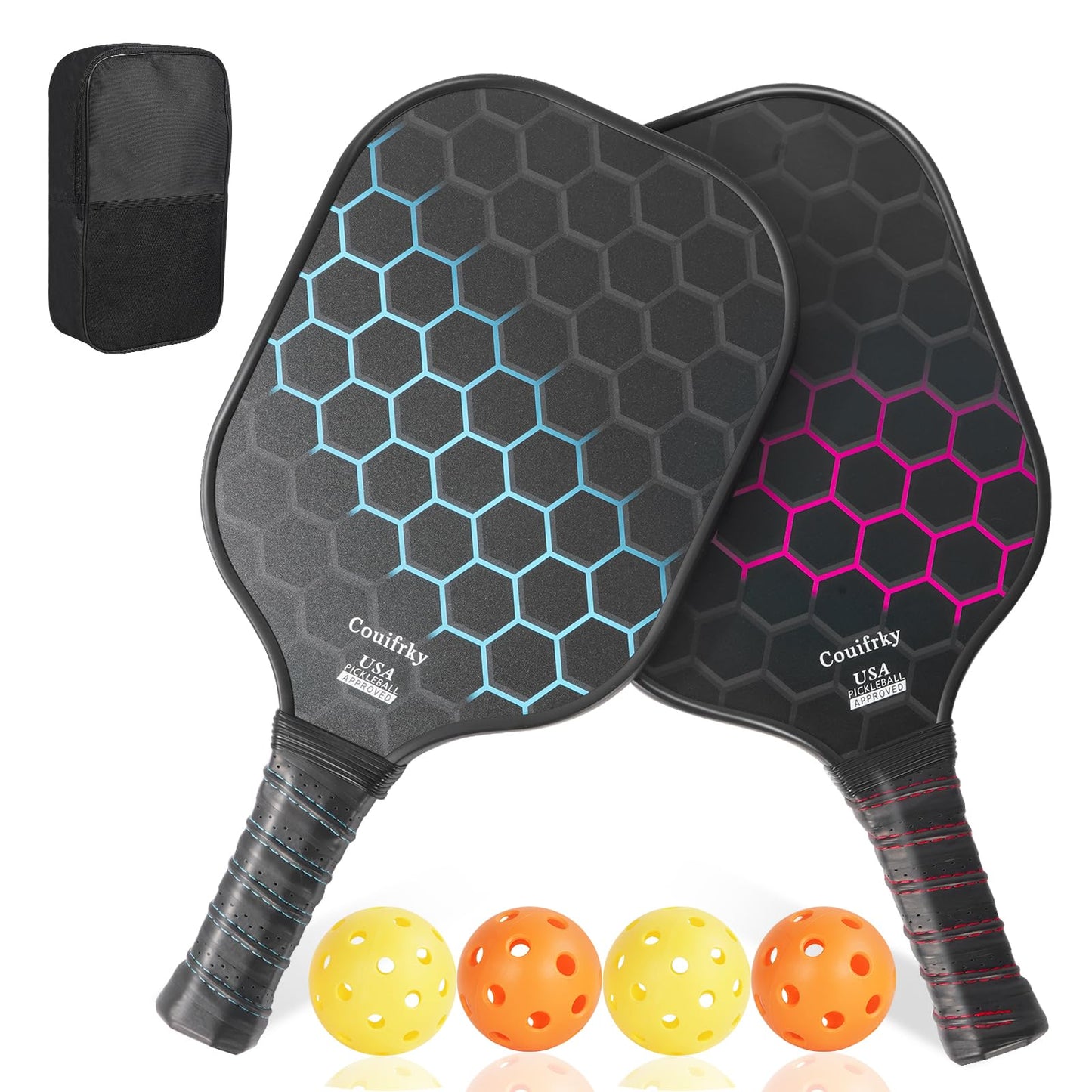Couifrky Fiberglass Pickleball Paddles Set of 2-4 Indoor/Outdoor Balls & Carry Bag, Professional Grade for All Skill Levels Men Women Beginners (Blue & Red)