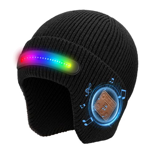 Bluetooth Beanie with Light, Built-in Stereo Speaker Mic and Wide Beam Light, Rechargeable Headlamp hat Music hat, Unique Tech Gifts for Men Him Husband Teen Black